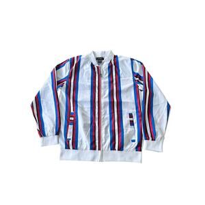 G-NET Men's Striped Bomber‎ Jacket Size Large White Red Blue Zip-Up Lightweight